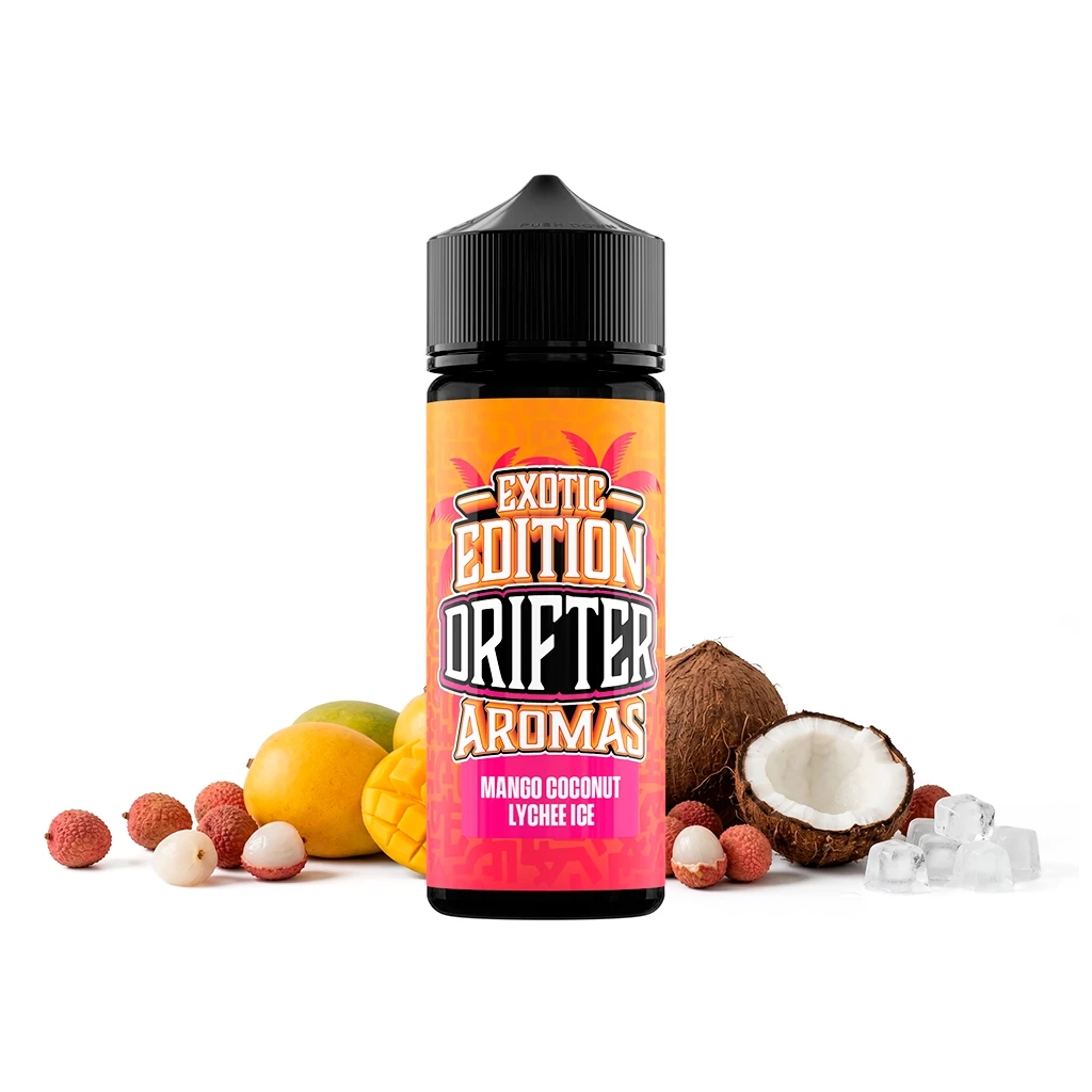 Bote Drifter Exotic Mango Coconut Lychee con etiqueta naranja y rosa, rodeado de mango, coco, lichis y cubitos de hielo.
