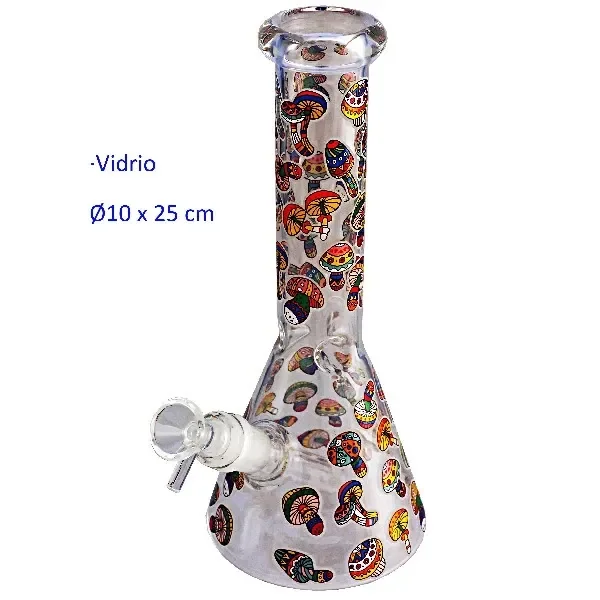 Bong de cristal transparente con base ancha, tubo recto, cazoleta lateral y dibujos de setas multicolores sobre fondo blanco.