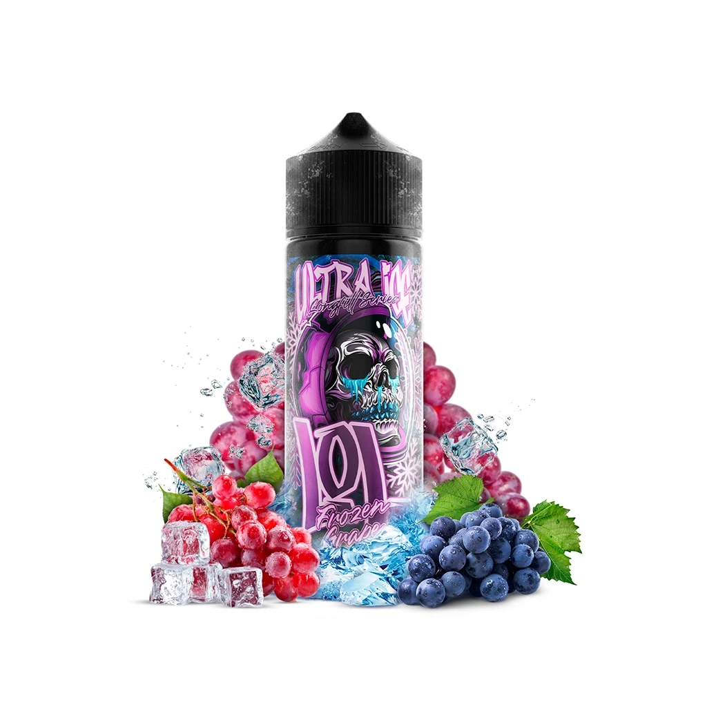 Bote LOL Ultra Ice Frozen Grape con tapón negro y etiqueta de calavera morada, rodeado de uvas, hielo y salpicaduras.