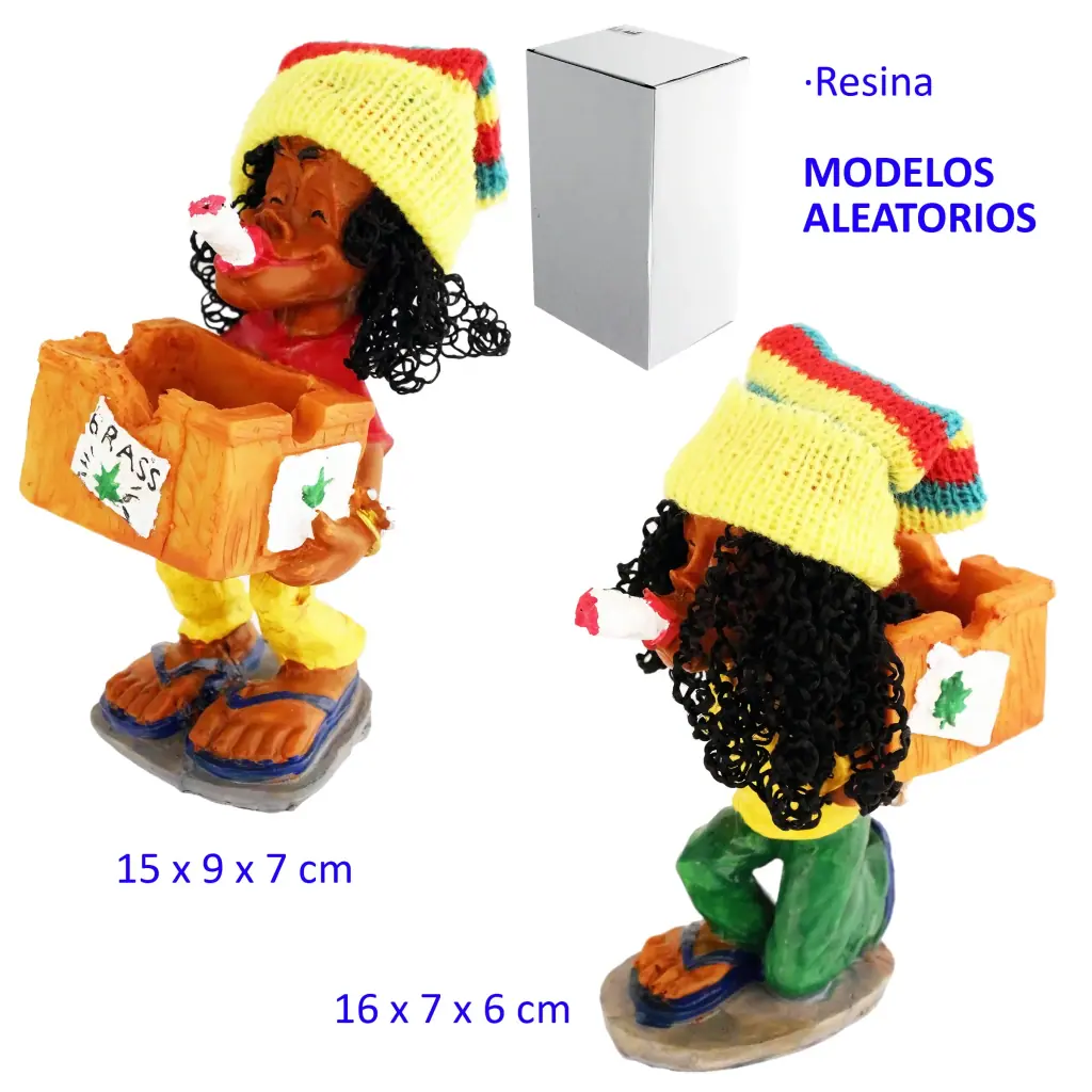 Modelos de cenicero rasta con caja, pelo negro rizado y gorros de colores, mostrados desde distintos ángulos junto a una caja blanca.