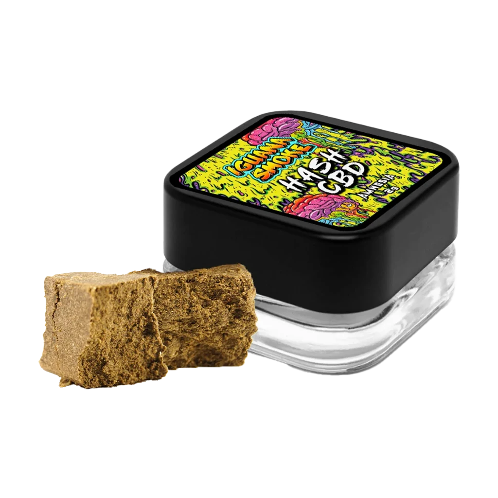 Hash Amnesia de Iguana Smoke: bloque marrón de textura irregular junto a un tarro con tapa negra y etiqueta multicolor sobre fondo negro.