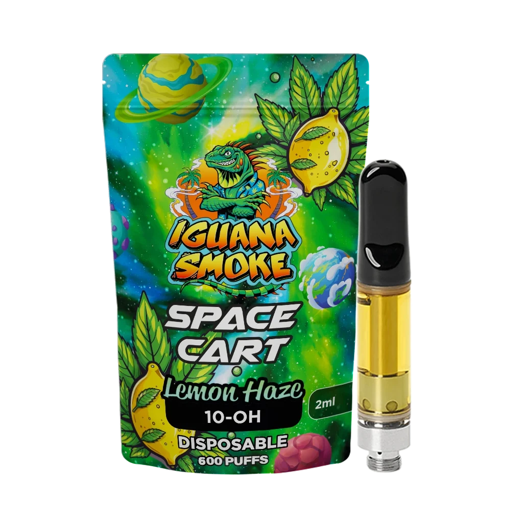 Cartucho Iguana Smoke con líquido amarillo y boquilla negra junto a su envase Space Cart Lemon Haze 10-OH, decorado con limones y planetas.