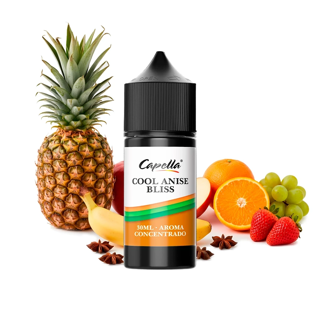 Frasco de Cool Anise Bliss de Capella, con tapón negro y etiqueta de 30 ml, rodeado de frutas variadas y anís estrellado.