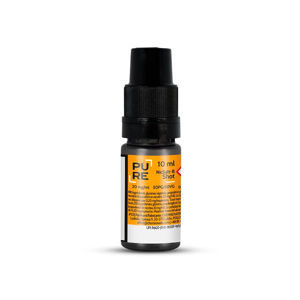 Frasco Pure Nicshot Salts con tapón negro y etiqueta naranja que indica 10 ml, 20 mg/ml y 50PG/50VG, sobre fondo blanco.