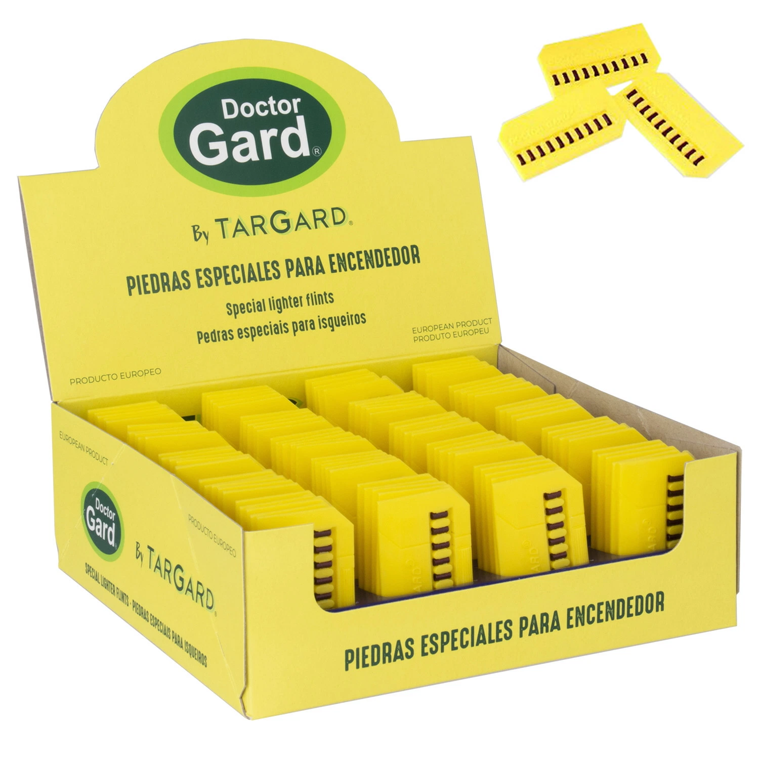 Expositor amarillo Doctor Gard de piedras para encendedor, con varias unidades en estuches amarillos y detalle de los estuches abiertos.
