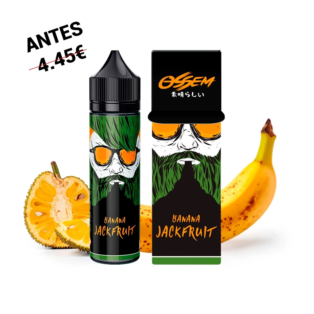 Frasco y caja de Ossem Banana Jackfruit con un rostro de barba verde y gafas amarillas, acompañados de plátano y yaca cortada.