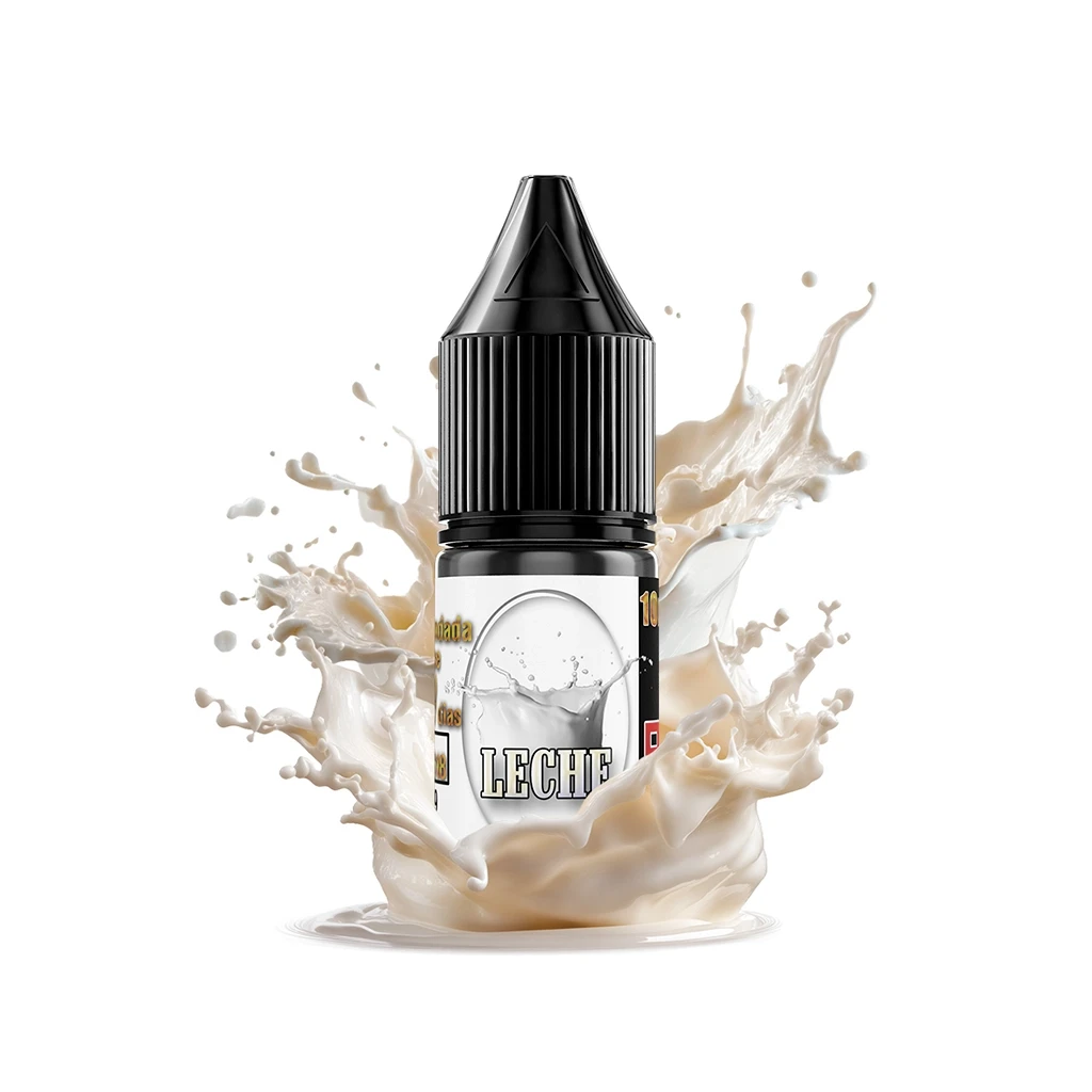 Frasco de aroma Leche con tapón negro y etiqueta con un vaso, rodeado de una salpicadura blanca sobre fondo blanco.
