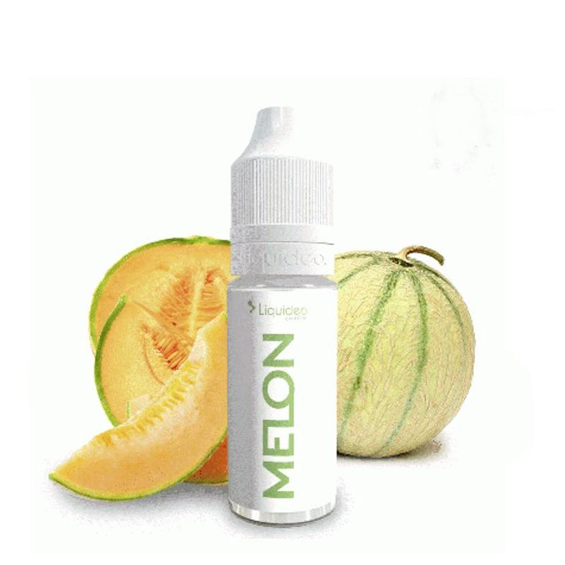 Frasco blanco de Liquideo con la palabra MELON en verde, delante de un melón entero, una mitad y una rodaja sobre fondo blanco.