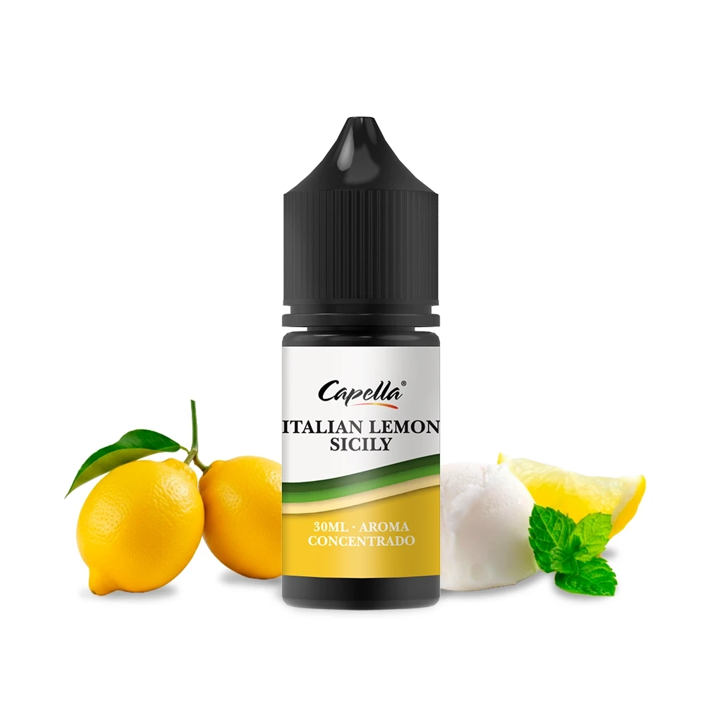 Frasco de Capella Italian Lemon Sicily de 30 ml con tapón negro, junto a limones, hojas verdes y una porción blanca redondeada.