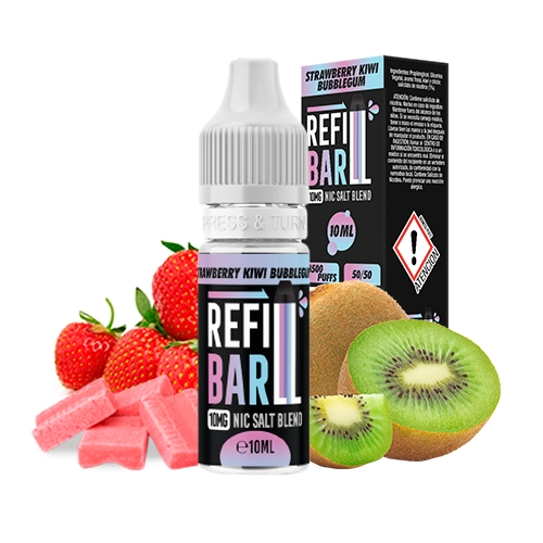 Frasco y caja de Refill Bar Salts Strawberry Kiwi Bubblegum de 10 ml, con fresas, kiwis y chicles rosas sobre fondo blanco.