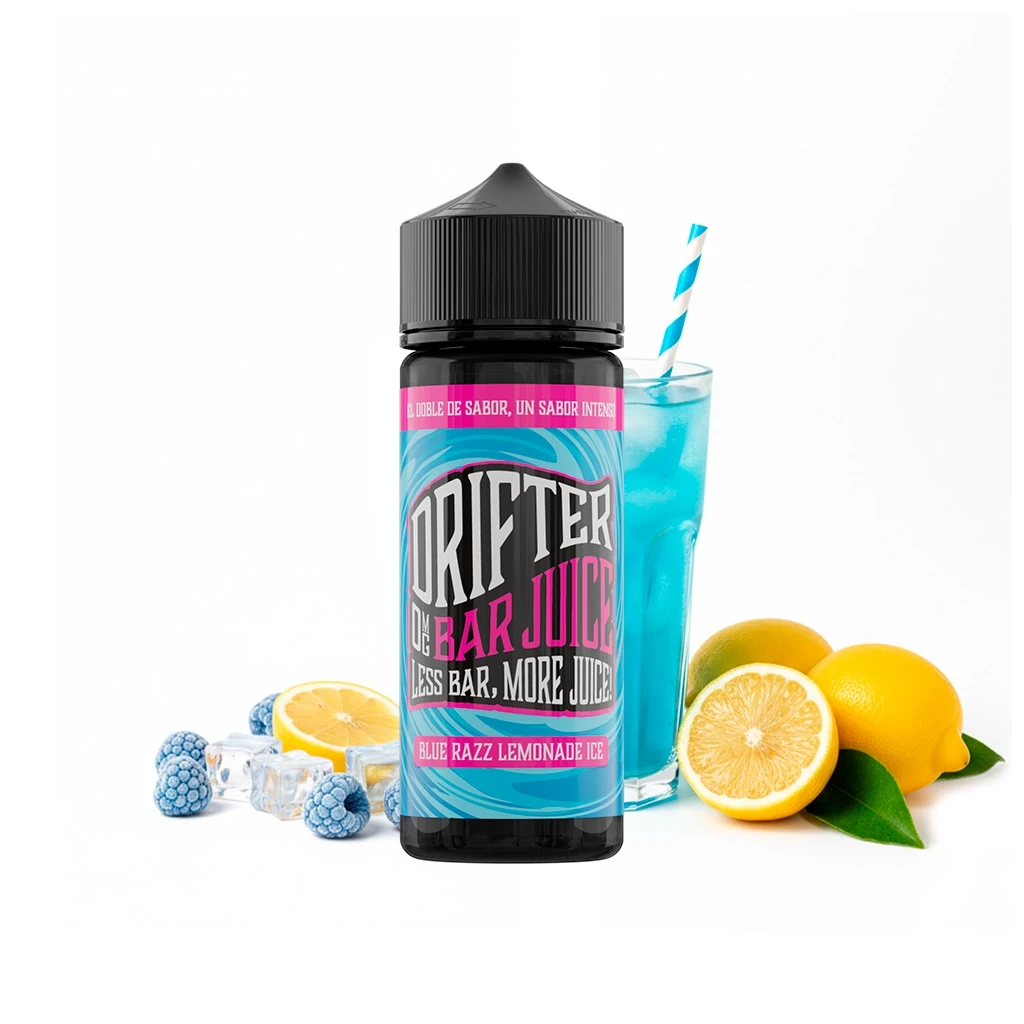 Botella Drifter Bar Blue Razz Lemonade Ice Longfill junto a un vaso de bebida azul con pajita, limones, frutos azules y cubitos de hielo.