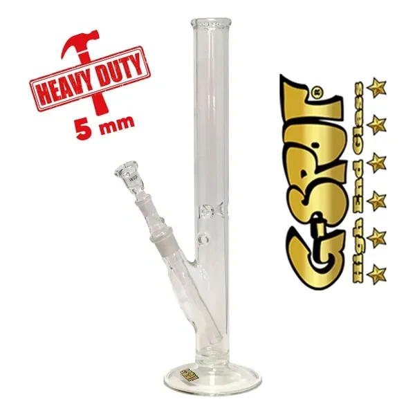 Bong de cristal transparente G-SPOT con tubo recto, base circular y cazoleta lateral, junto al logotipo y la indicación de 5 mm.