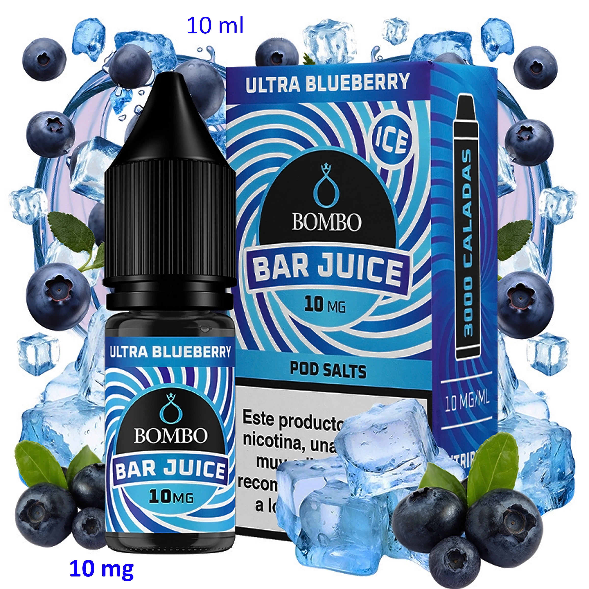 Frasco y caja de Bombo Bar Juice Ultra Blueberry Ice, rotulados con 10 ml y 10 mg/ml, rodeados de arándanos y cubitos de hielo.