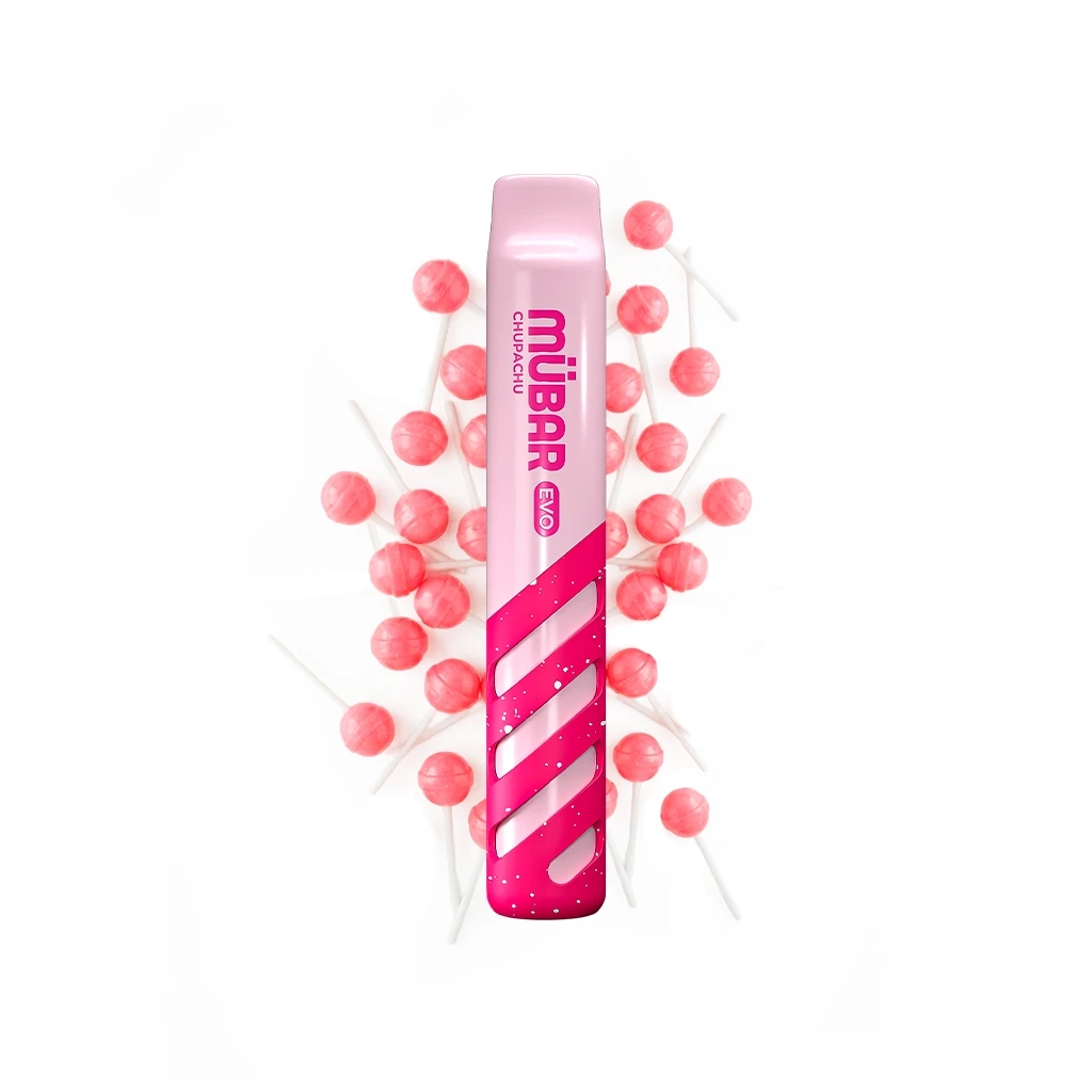 Vaper Mübar Evo Chupachu rosa, colocado en vertical sobre varias piruletas rosas, con franjas diagonales fucsias en el cuerpo.