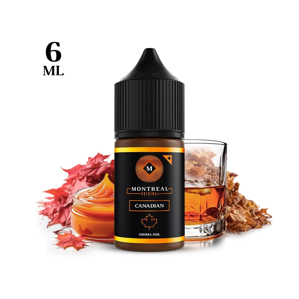 Frasco Montreal Original Canadian de 6 ml con tapón negro, rodeado de hojas rojas, crema anaranjada, un vaso y hojas secas.