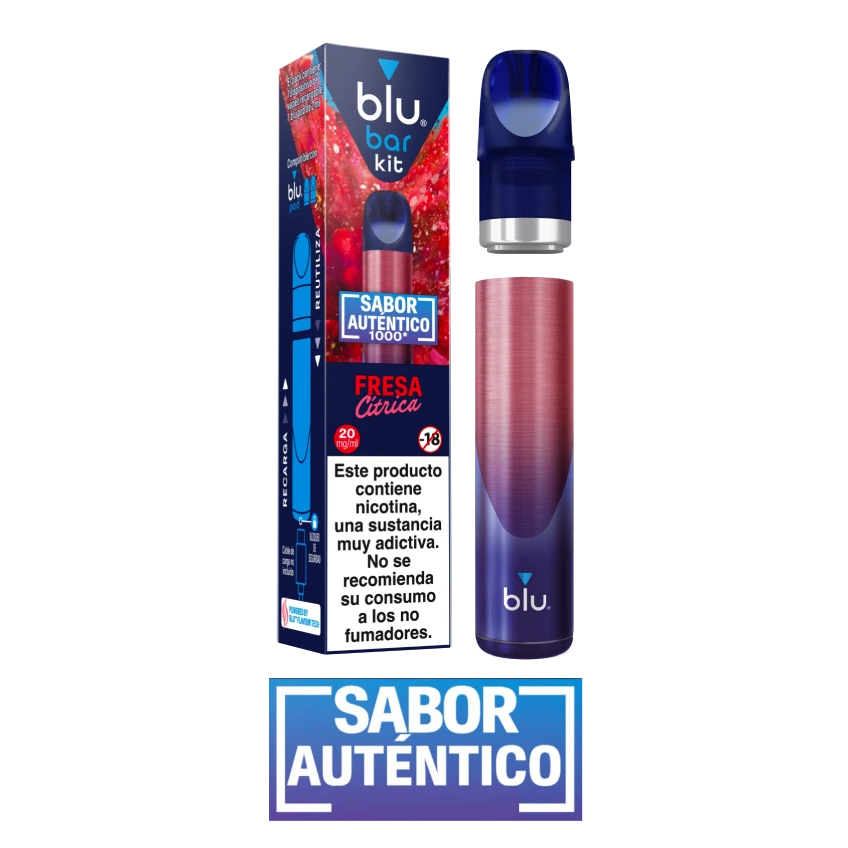 Blu Bar Kit Fresa Cítrica con su caja de 20 mg, cuerpo rosa y azul y boquilla separada, sobre fondo negro.