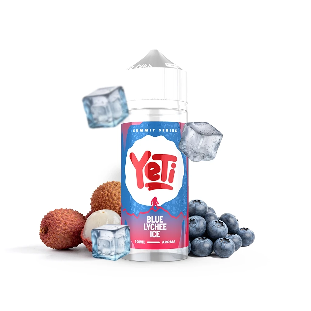 Bote Yeti Summit Series Blue Lychee Ice con etiqueta de 10 ml, rodeado de lichis, arándanos y cubitos de hielo sobre fondo blanco.