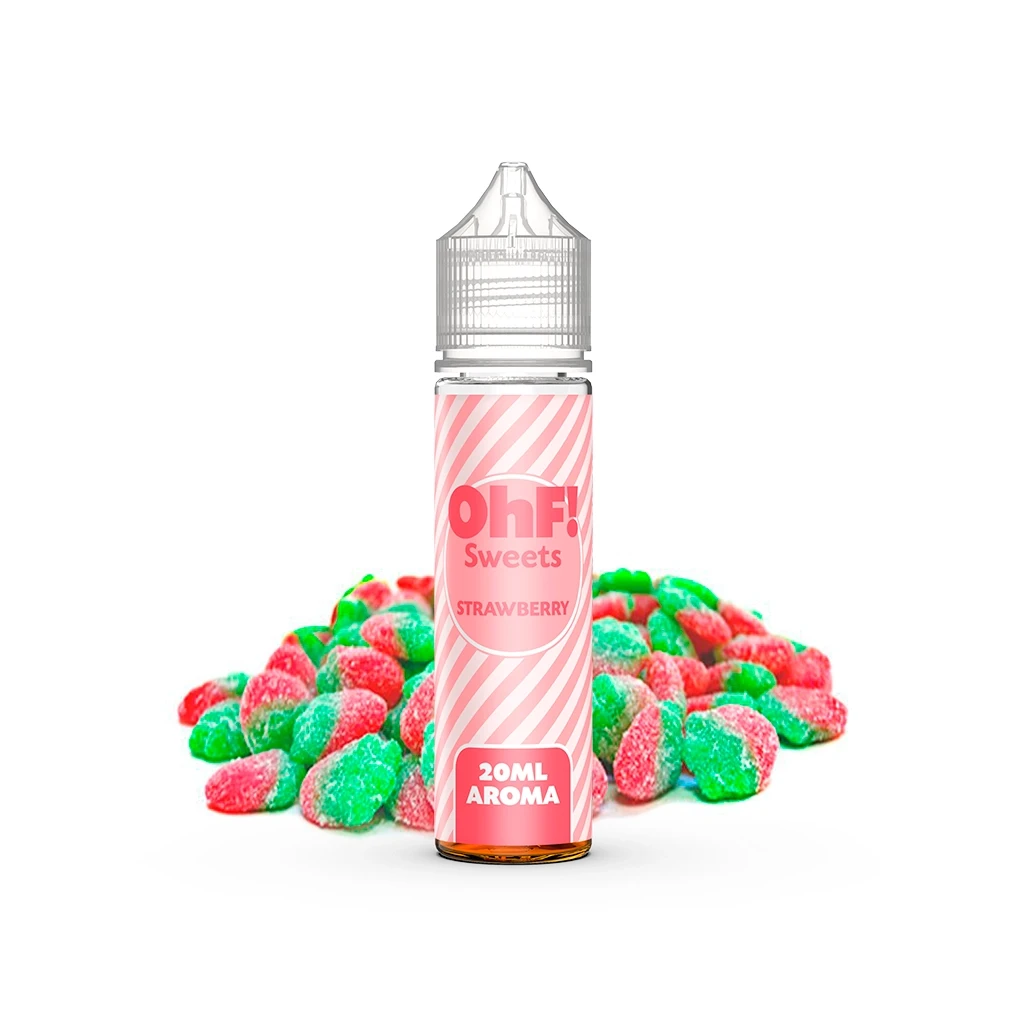 Frasco OhF Sweets Strawberry Longfill con etiqueta rosa de rayas y texto «20 ml aroma», rodeado de golosinas rojas y verdes.