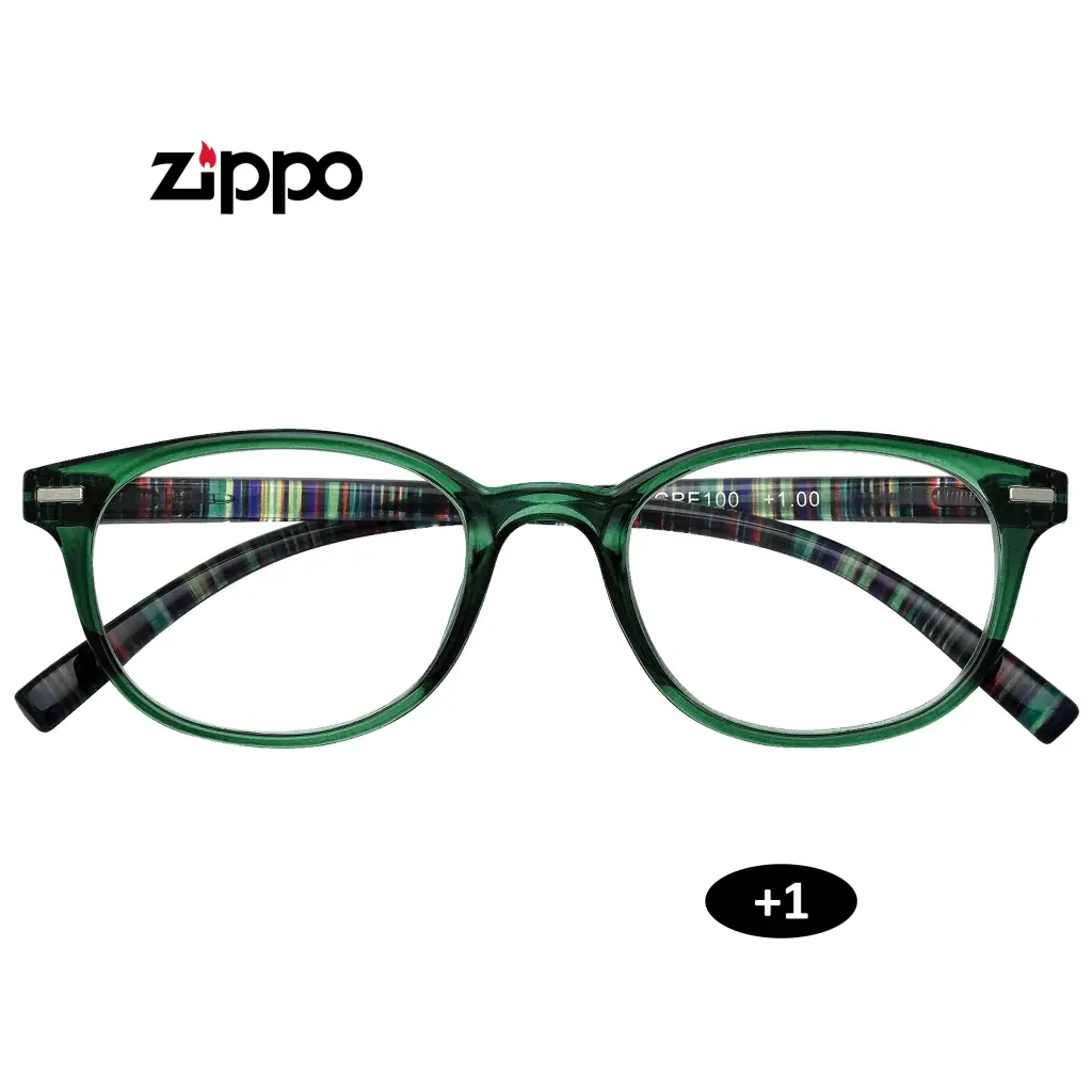 Gafas de lectura Zippo +1.00 vistas de frente, con montura verde translúcida y patillas con franjas multicolores sobre fondo blanco.