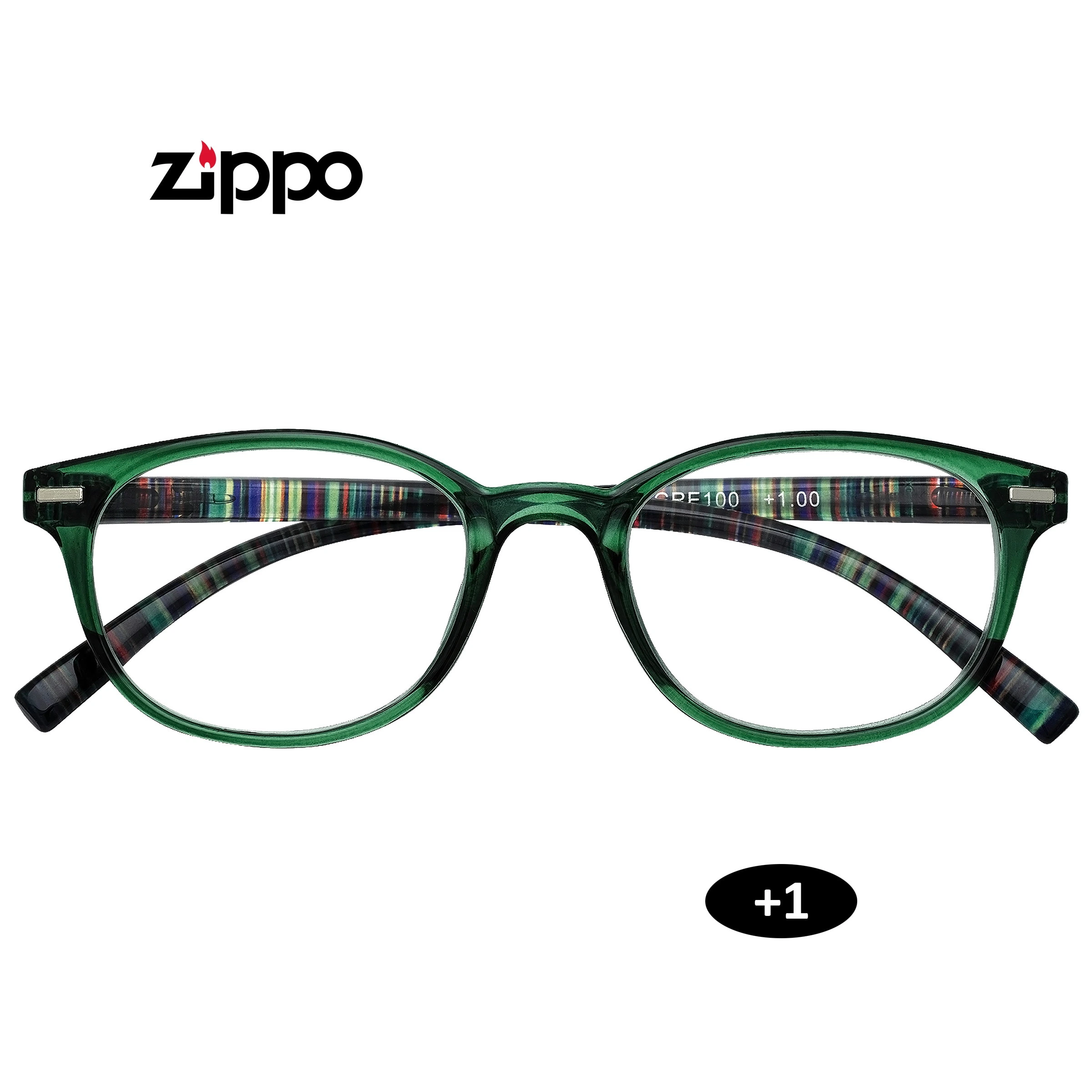 Gafas de lectura Zippo +1.00 vistas de frente, con montura verde translúcida y patillas con franjas multicolores sobre fondo blanco.