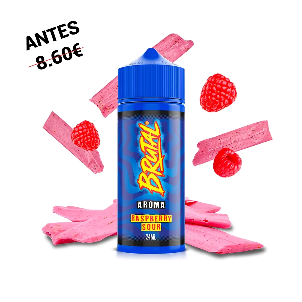 Frasco azul Brutal Raspberry Sour con etiqueta «Aroma 24 ml», rodeado de frambuesas y tiras de golosina rosa sobre fondo blanco.