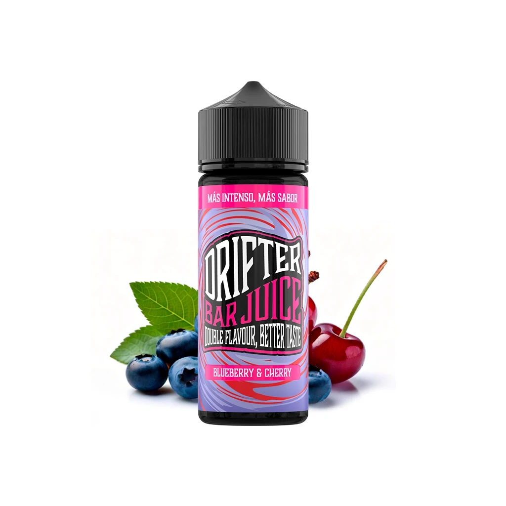 Bote de Drifter Bar Juice Blueberry & Cherry con tapón negro y etiqueta rosa y lila, junto a arándanos, cerezas y hojas verdes.