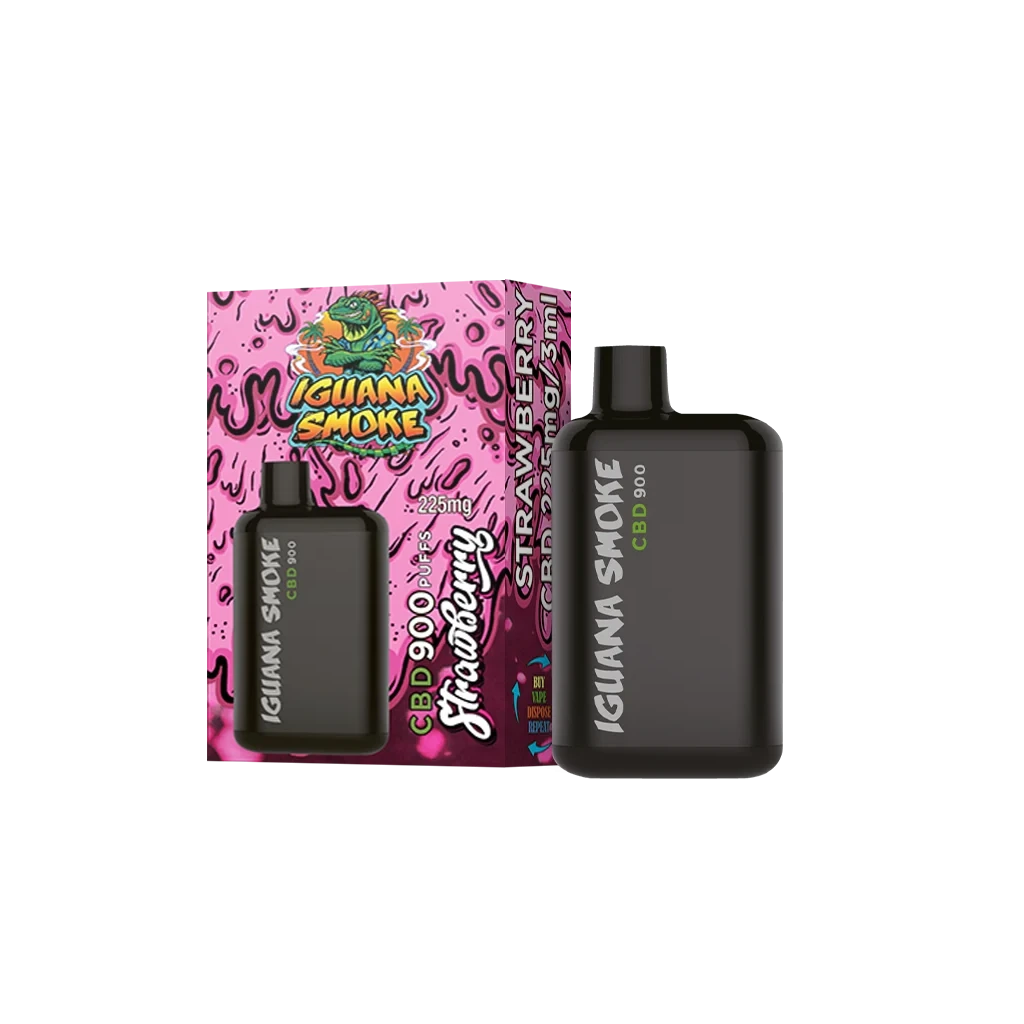 Vapeador negro Iguana Smoke CBD 900 junto a su caja rosa con el texto Strawberry y un dibujo de iguana, sobre fondo negro.