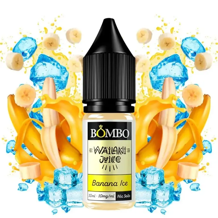 Frasco Banana Ice de Wailani Juice by Bombo, con tapón negro y etiqueta de 10 mg/ml, rodeado de plátanos y cubitos de hielo.