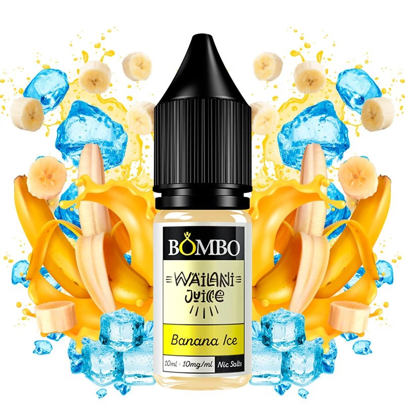 Frasco Banana Ice de Wailani Juice by Bombo, con tapón negro y etiqueta de 10 mg/ml, rodeado de plátanos y cubitos de hielo.