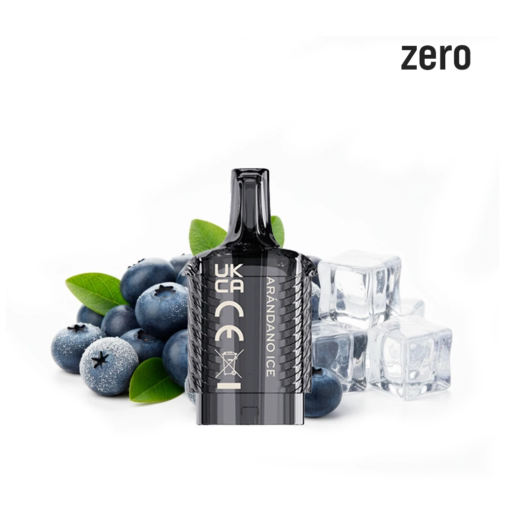 Pod negro Vozol Vista Plug Blueberry Zero con texto «ARÁNDANO ICE», rodeado de arándanos y hielo, con «zero» en la esquina superior.