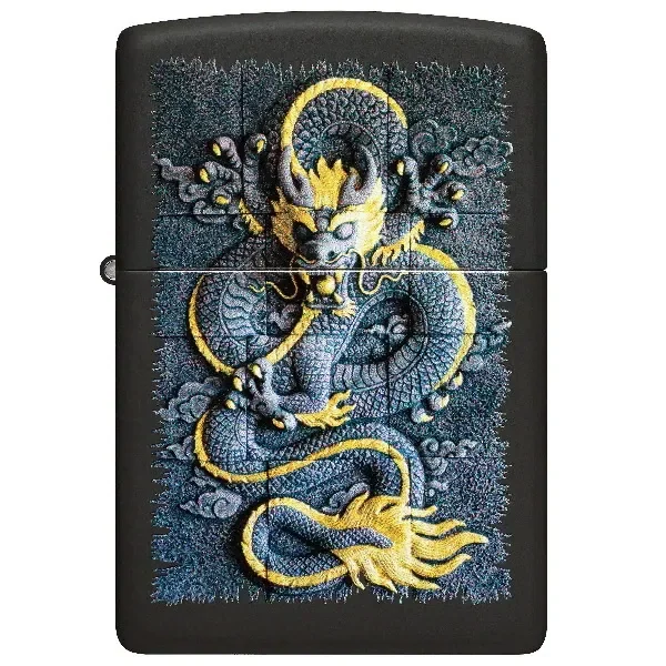 Encendedor Zippo 218 Stone Dragon cerrado, negro, con un dragón en tonos grises y amarillos que ocupa el frontal.