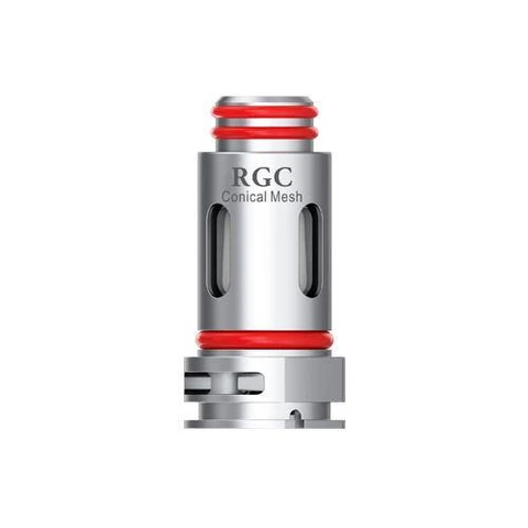 Resistencia Smok RGC plateada con juntas rojas, aberturas laterales alargadas y la inscripción «RGC Conical Mesh».
