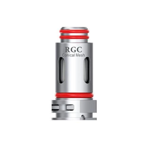 Resistencia Smok RGC plateada con juntas rojas, aberturas laterales alargadas y la inscripción «RGC Conical Mesh».