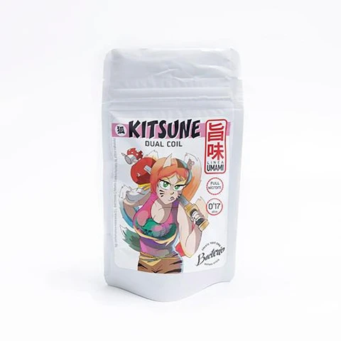 Bolsa blanca de resistencias Bacterio Coils Umami Kitsune, con texto Dual Coil e ilustración de un personaje con orejas puntiagudas.