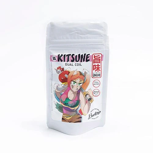 Bolsa blanca de resistencias Bacterio Coils Umami Kitsune, con texto Dual Coil e ilustración de un personaje con orejas puntiagudas.