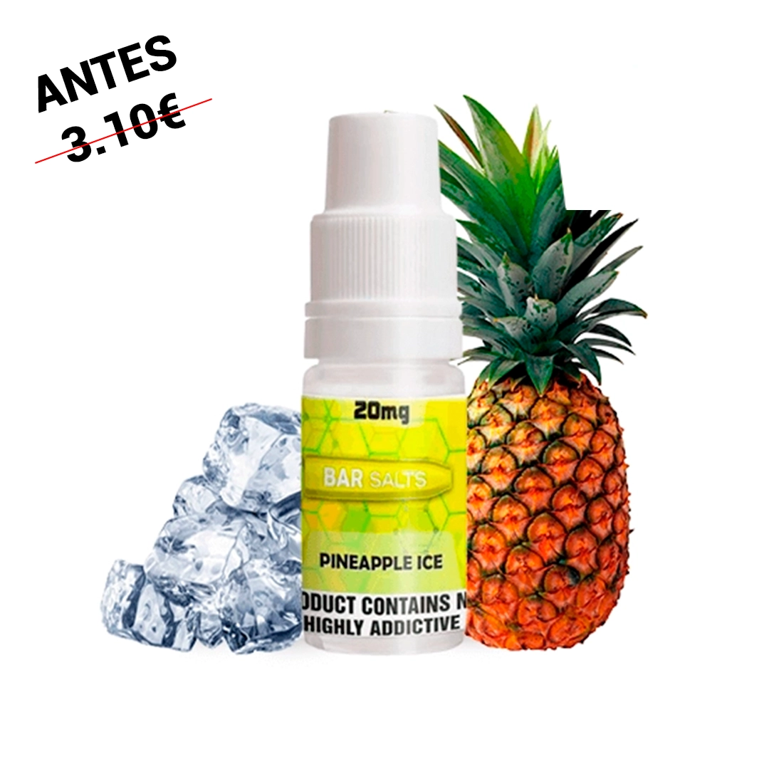 Frasco de Bar Salts Pineapple Ice con etiqueta amarilla de 20 mg y tapón blanco, junto a una piña y cubitos de hielo.