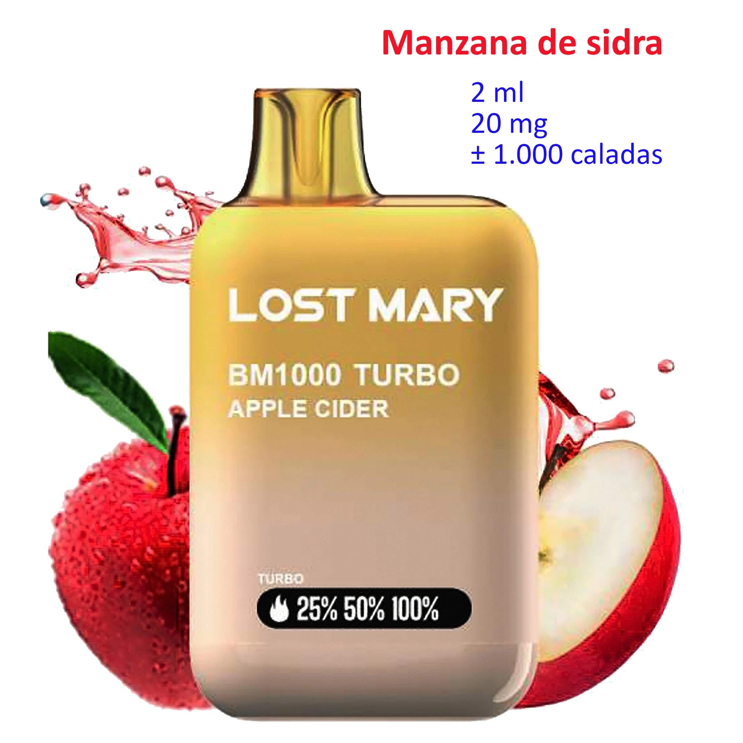 Lost Mary BM1000 TURBO Apple Cider con cuerpo dorado degradado, junto a manzanas rojas y texto de 2 ml, 20 mg y unas 1.000 caladas.