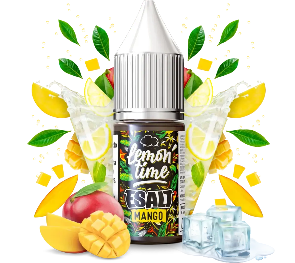 Frasco Lemon Time E-Salt Mango con tapón blanco, rodeado de mango, limón, hojas, vasos con salpicaduras y cubitos de hielo sobre fondo negro.