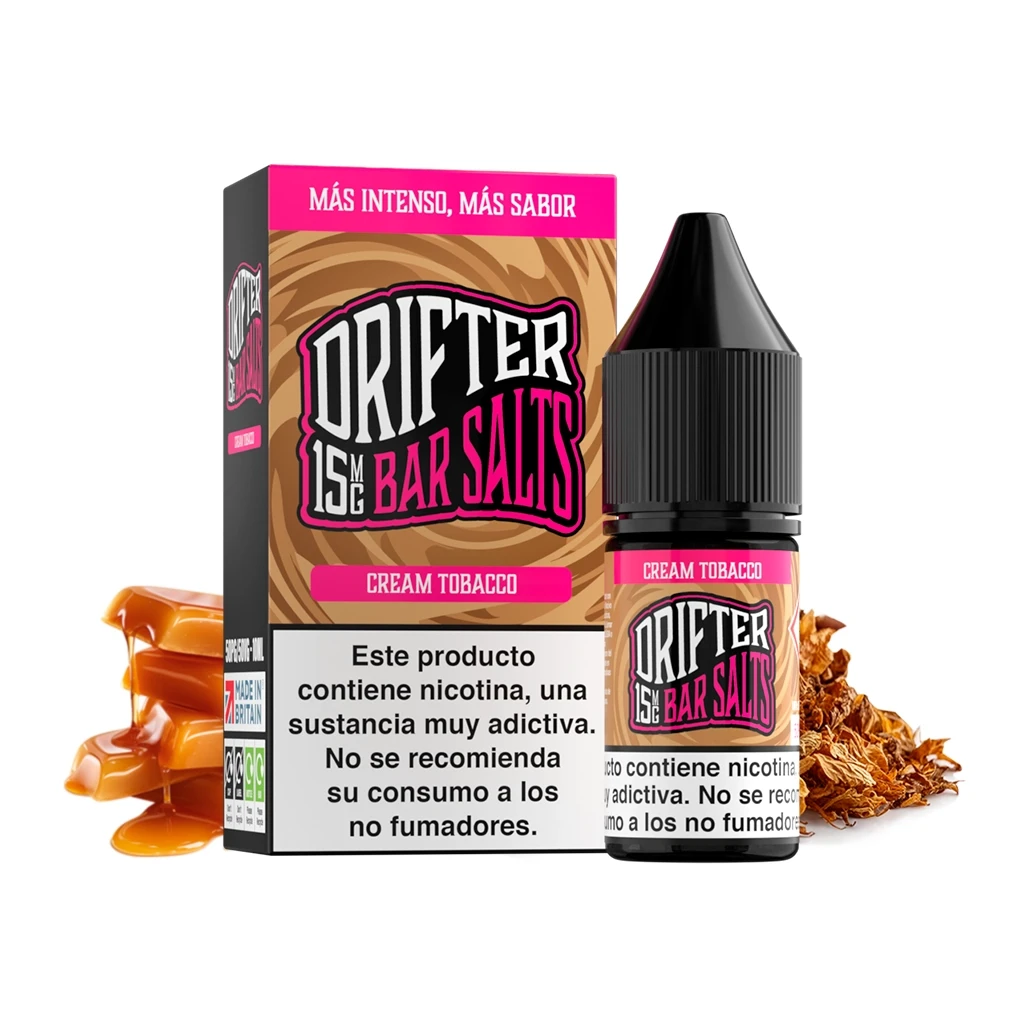 Frasco y caja de Drifter Bar Salts Cream Tobacco, con detalles rosas y marrones, junto a caramelo y hojas de tabaco.