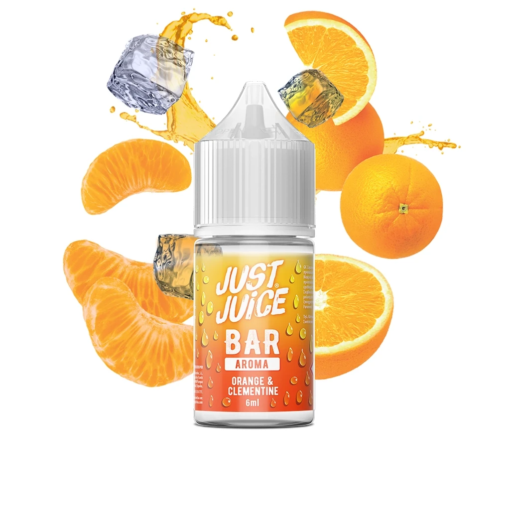 Frasco Just Juice Bar Orange Clementine de 6 ml con tapón blanco, rodeado de cítricos enteros y cortados, hielo y salpicaduras.