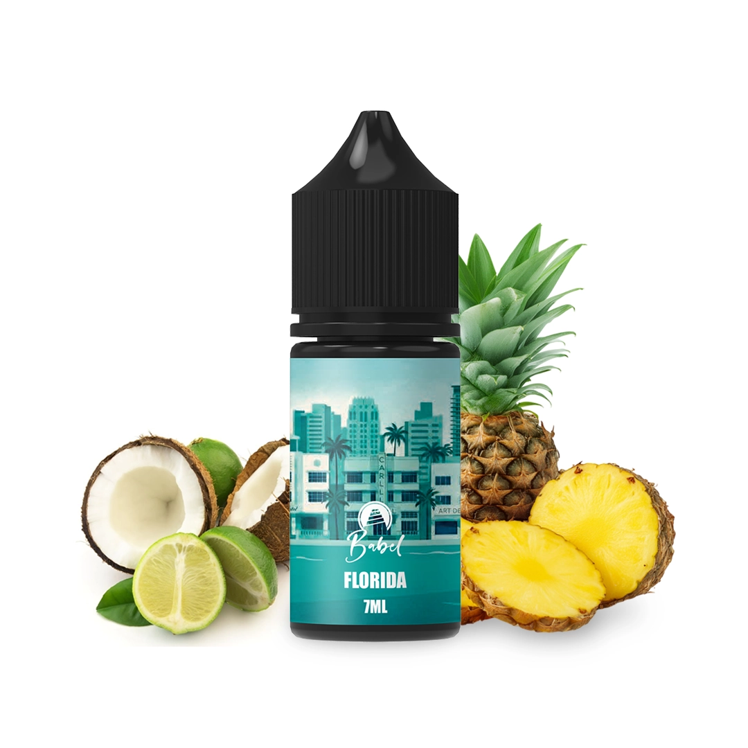 Frasco Babel Florida Longfill con tapón negro y etiqueta turquesa de 7 ml, rodeado de piña, coco y lima sobre fondo blanco.