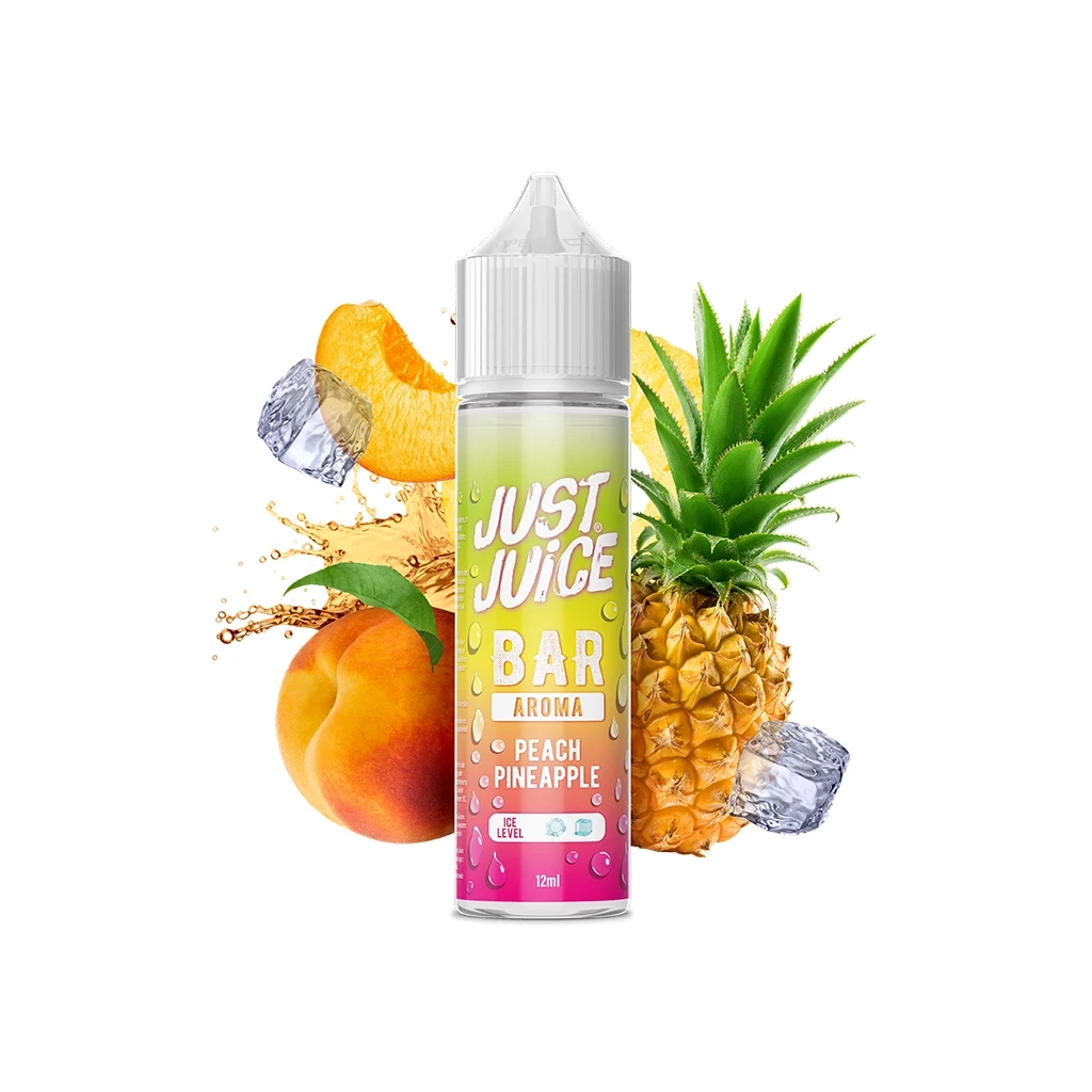 Frasco Just Juice Bar Peach Pineapple de 12 ml con tapón blanco, acompañado de melocotón, piña, cubitos de hielo y salpicaduras.