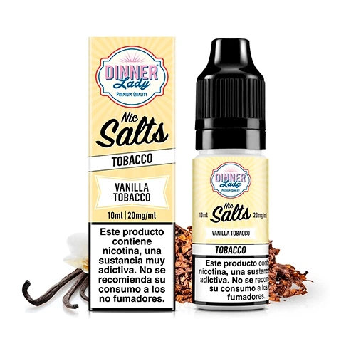 Frasco y caja de Dinner Lady Vanilla Tobacco Nic Salt, con etiqueta amarilla de 10 ml y 20 mg/ml, junto a vainas de vainilla y tabaco.