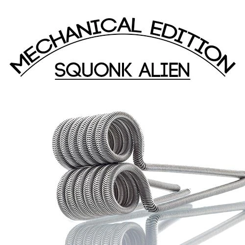 Resistencias Squonk Alien de hilo enrollado con patillas largas, sobre fondo blanco bajo los textos Mechanical Edition y Squonk Alien.