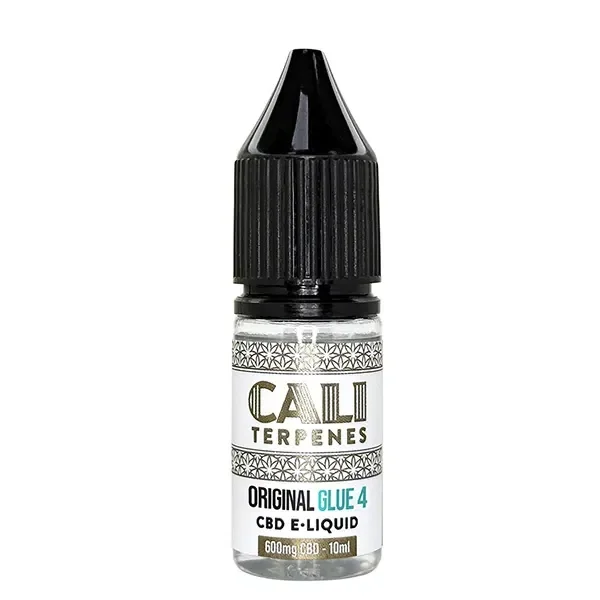 Frasco Cali Terpenes Original Glue 4 CBD E-Liquid con tapón negro y etiqueta blanca que indica 600 mg de CBD y 10 ml.