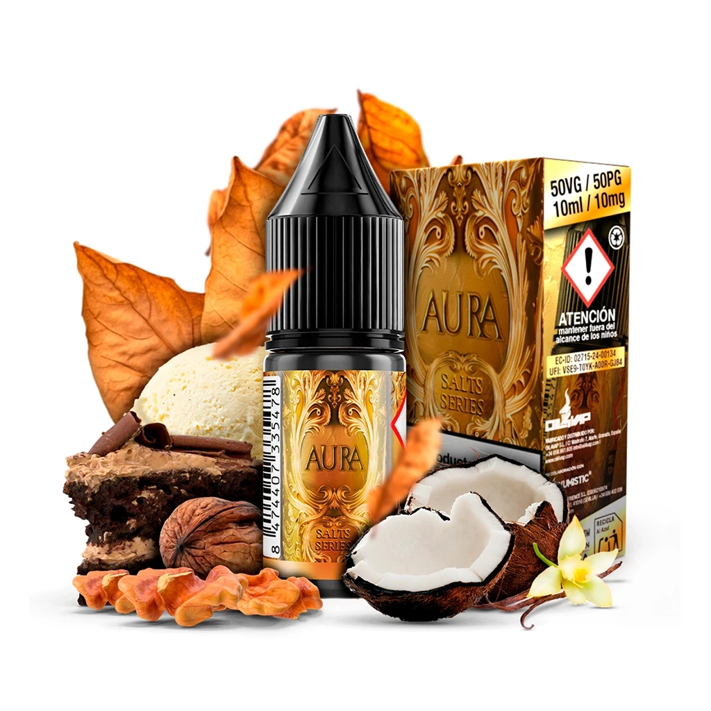 Frasco y caja dorada de Aura Salts Series, con etiqueta 50VG/50PG, 10 ml y 10 mg, rodeados de coco, nuez, postre y hojas secas.
