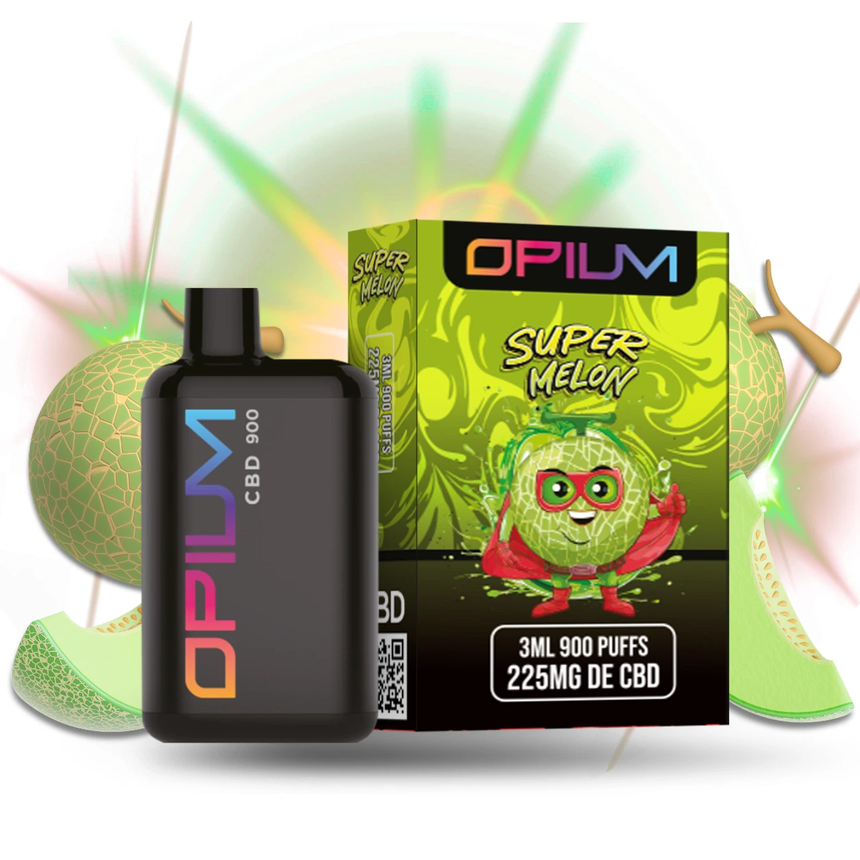 Pod negro Opium Super Melon junto a su caja verde, decorada con un melón con antifaz y capa, entre melones enteros y cortados.