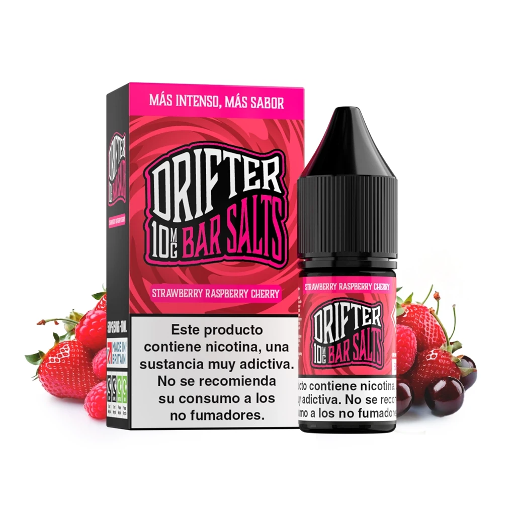 Frasco y caja de Drifter Bar Salts Strawberry Raspberry Cherry 10MG, con advertencia de nicotina y fresas, frambuesas y cerezas alrededor.