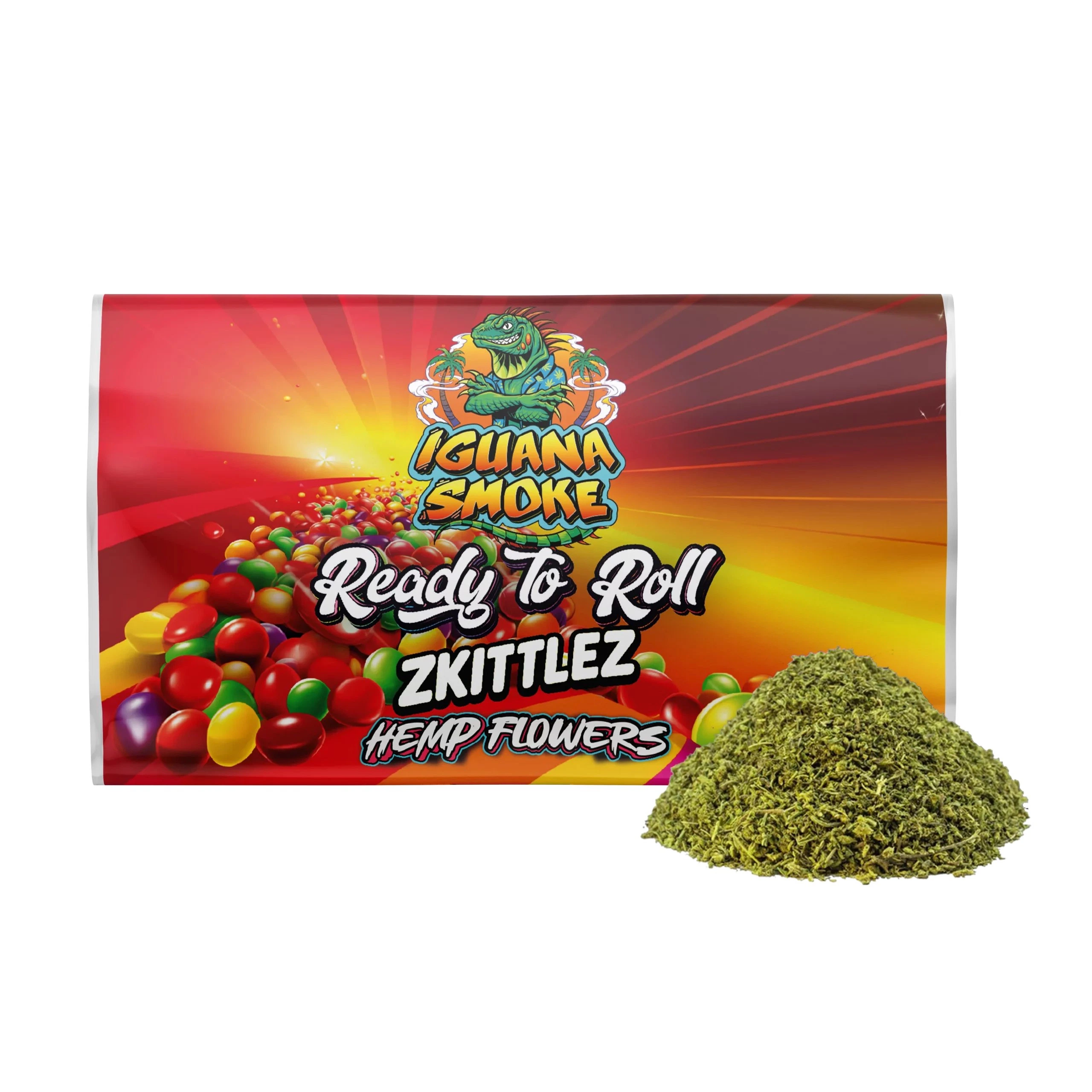 Envase rojo y amarillo de Iguana Smoke Ready To Roll Zkittlez, con dibujos de caramelos y un montón de picadura vegetal delante.