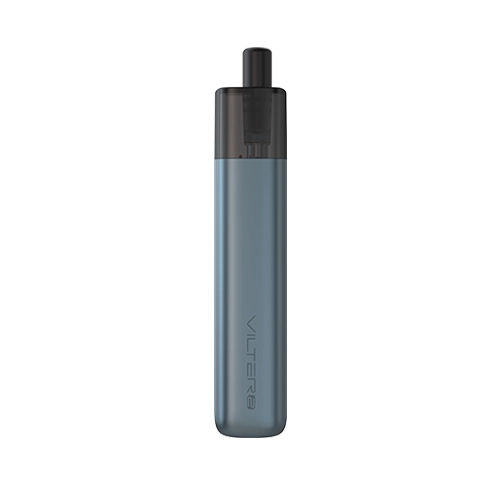 Aspire Vilter 2 Pod Kit en posición vertical, con cuerpo azul grisáceo, depósito oscuro y boquilla negra sobre fondo blanco.